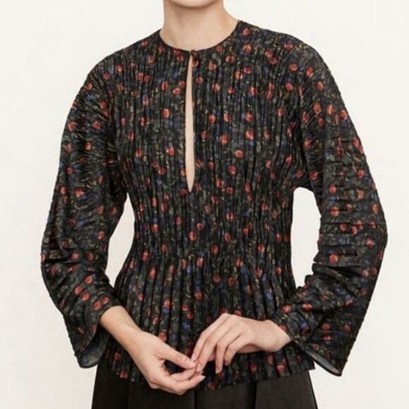 Vince Pomegranate Satin Pleated Blouse Top Silky Keyhole Accordion Regency XL - Picture 7 of 15